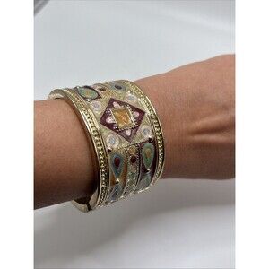 Pat Craig Studio Tibetan Enameled Gold Tone Hinged Cuff Bracelet/Bangle